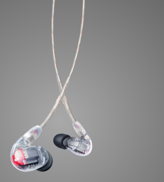 Shure SE846 oordopjes met een grijze achtergrond Shure SE846 oordopjes met een grijze achtergrond